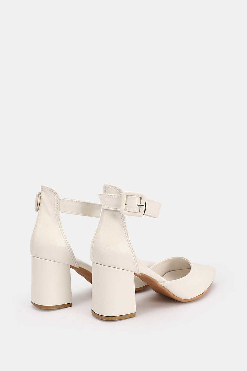 WHITE BUCKLED CHUNKY HEELS