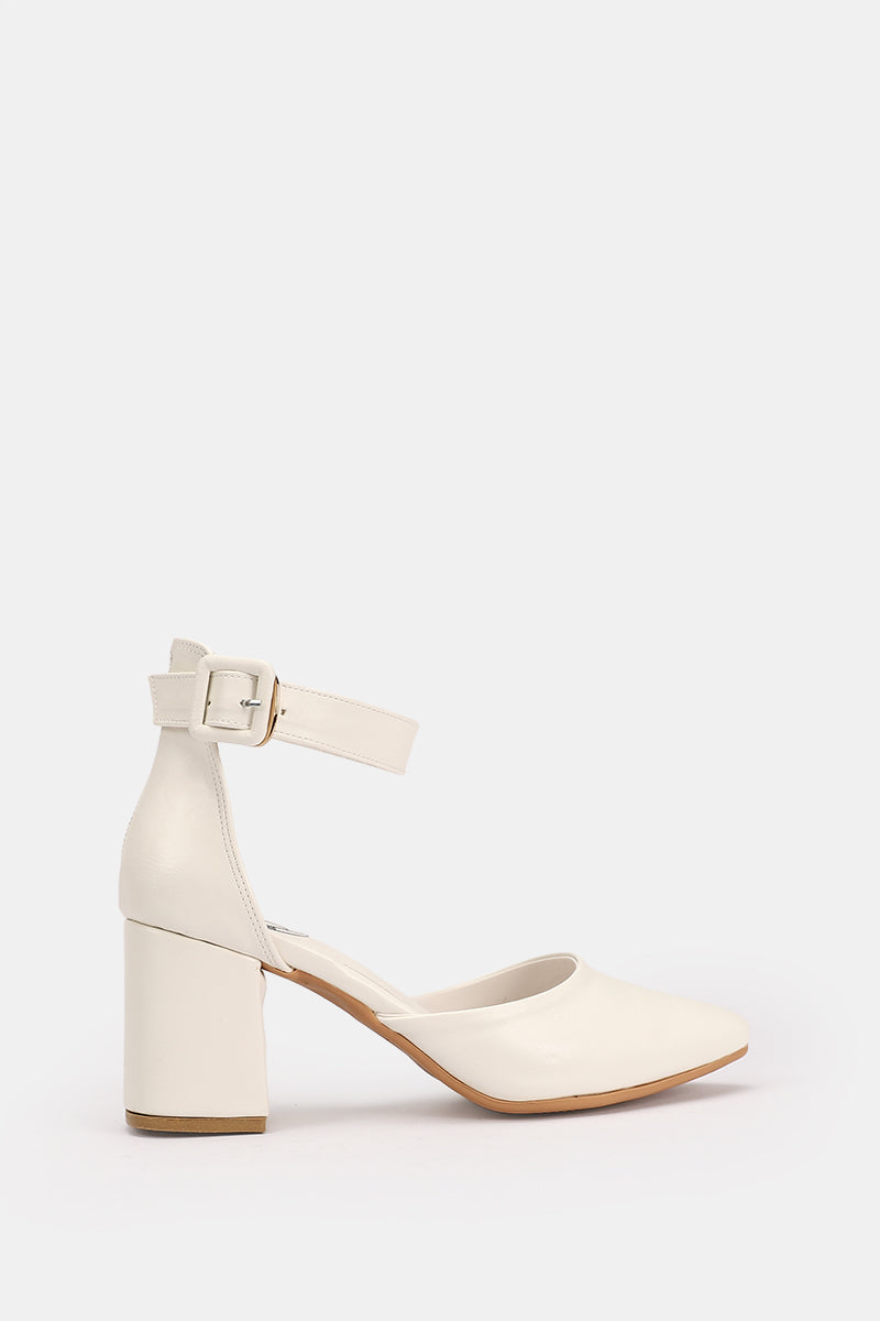 WHITE BUCKLED CHUNKY HEELS