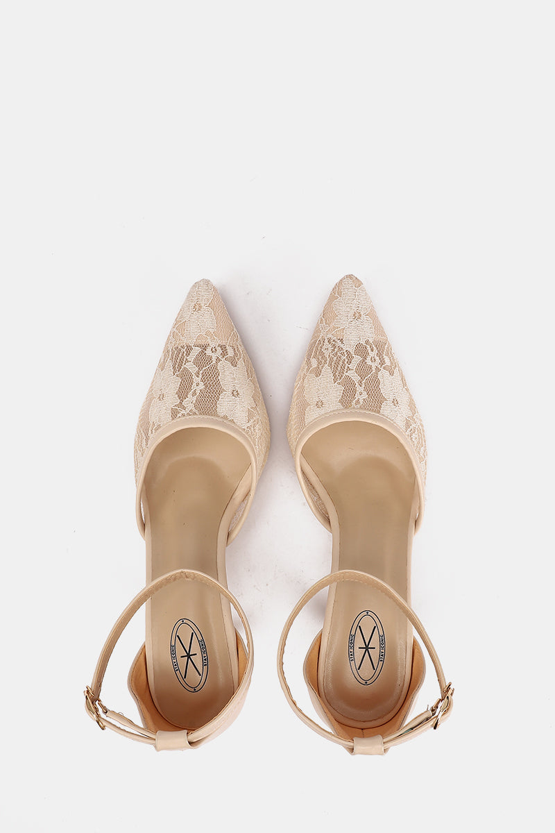 BEIGE FLORAL STRAP HEELS
