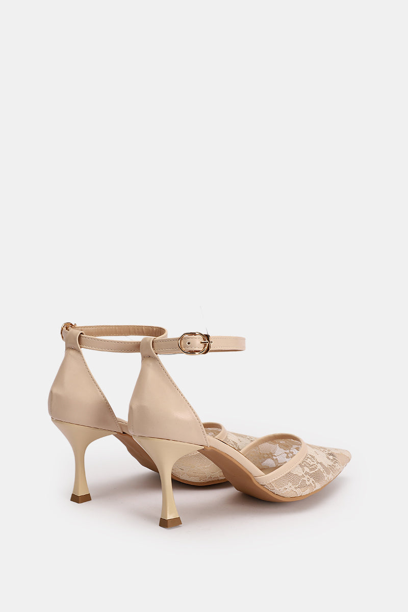 BEIGE FLORAL STRAP HEELS