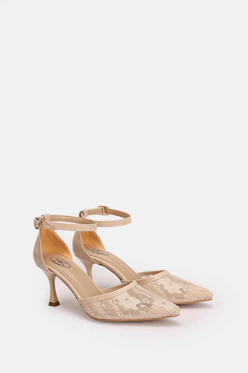BEIGE FLORAL STRAP HEELS