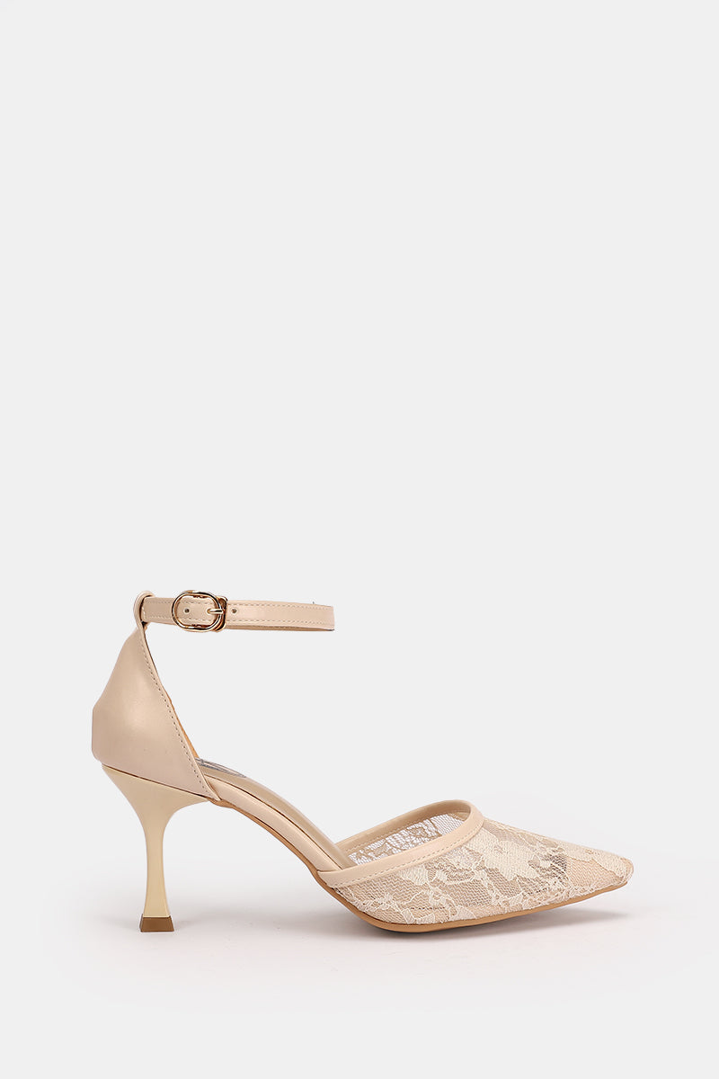 BEIGE FLORAL STRAP HEELS