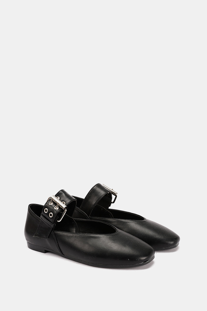 BLACK BUCKLE LEATHER FLAT