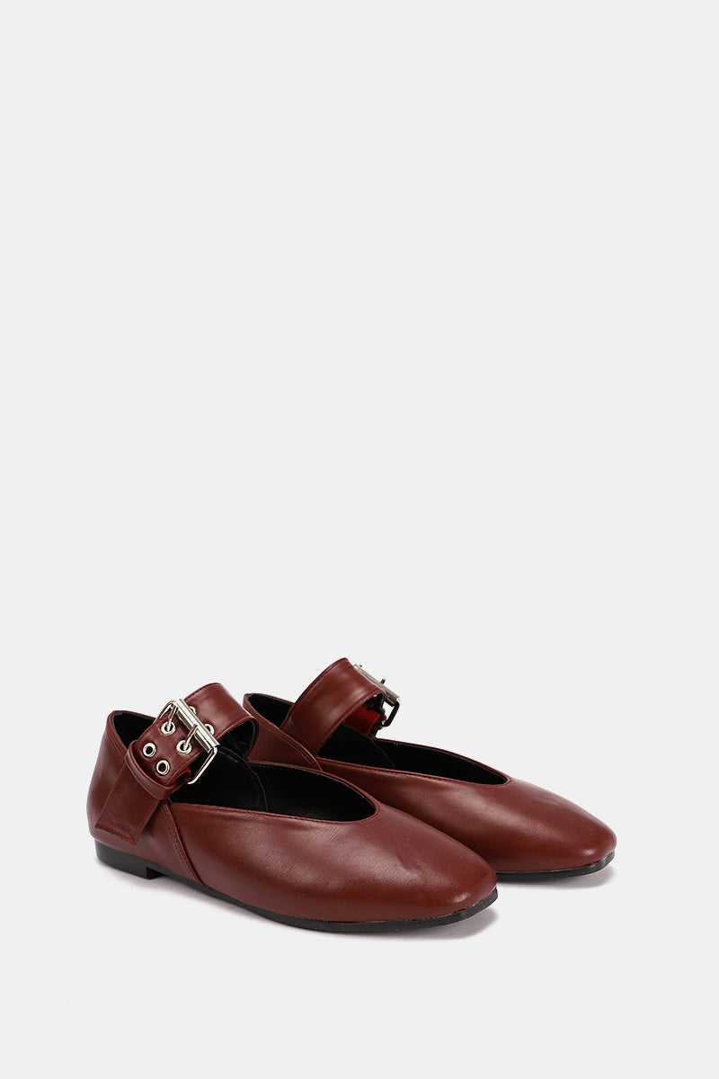 BURGUNDY BUCKLE LEATHER FLAT