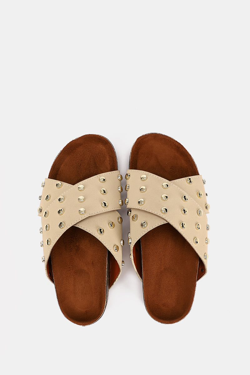 JEWELED CROSSED BEIGE SANDAL