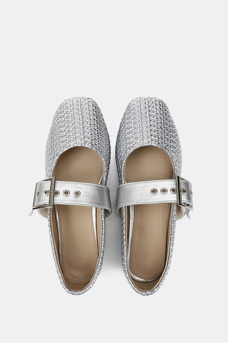 SILVER WIDE BUCKLE WOVEN BALLERINA