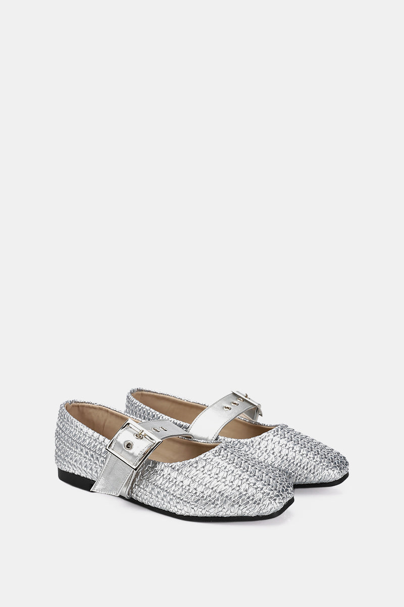 SILVER WIDE BUCKLE WOVEN BALLERINA