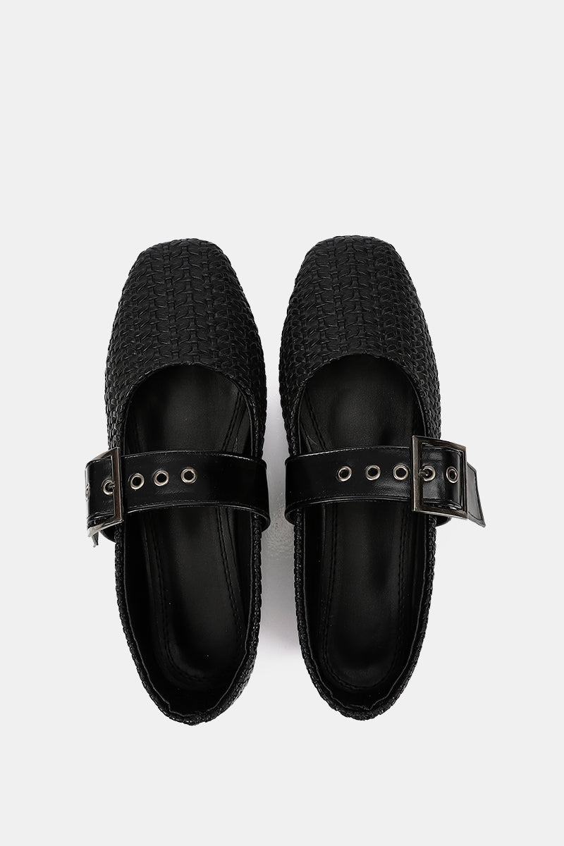 BLACK WIDE BUCKLE WOVEN BALLERINA