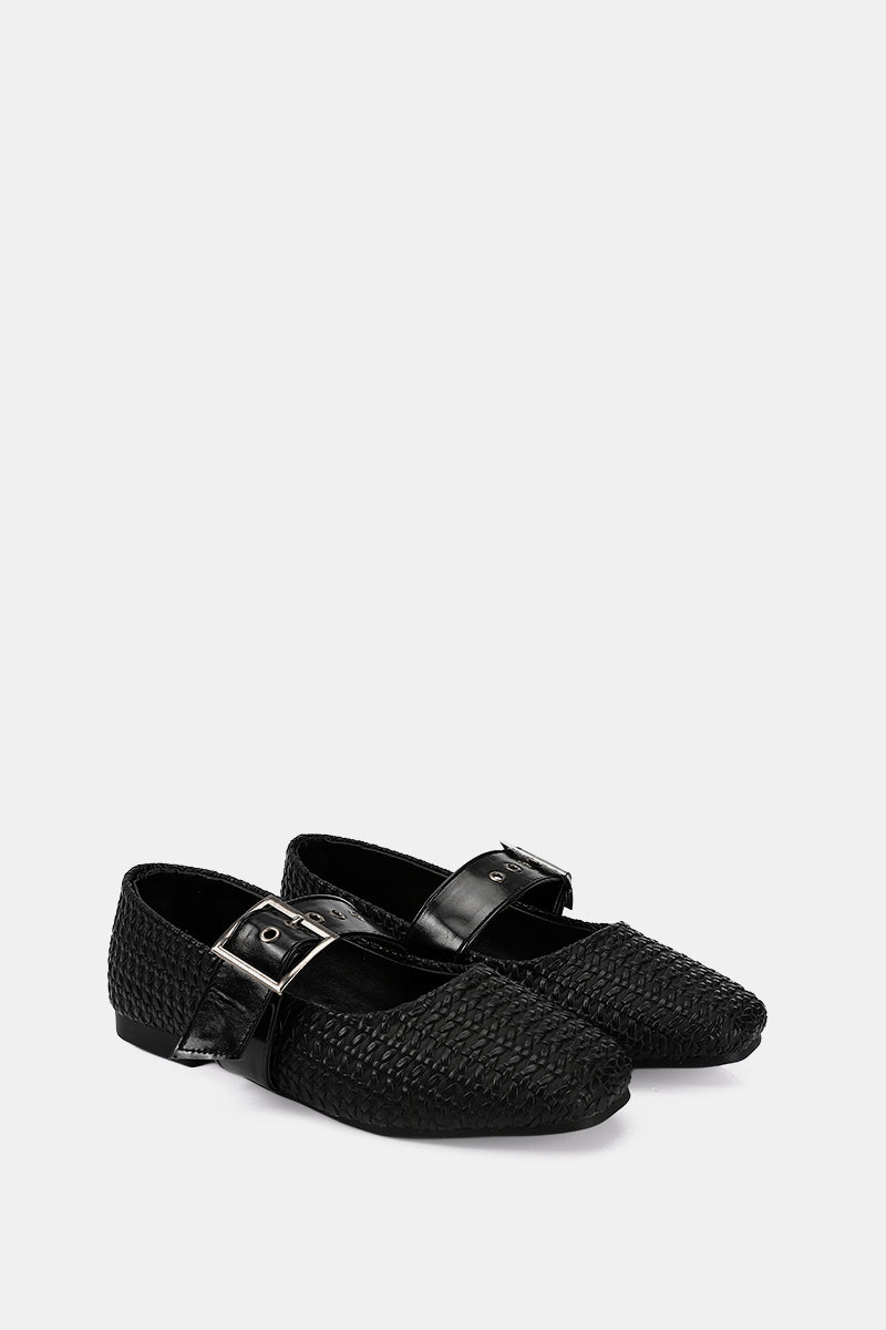 BLACK WIDE BUCKLE WOVEN BALLERINA