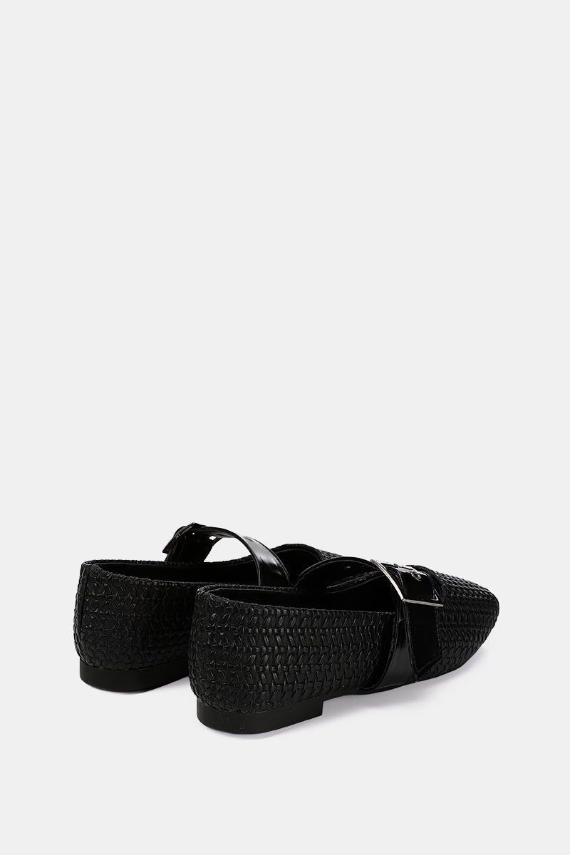 BLACK WIDE BUCKLE WOVEN BALLERINA
