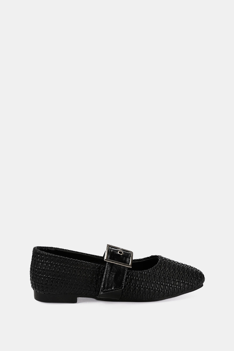 BLACK WIDE BUCKLE WOVEN BALLERINA