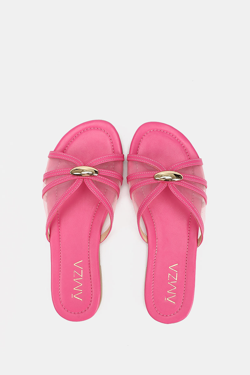 GOLD BUCKLE PINK SHEER SLIPPERS