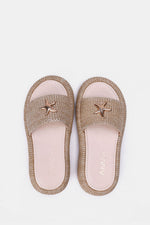 BEIGE PLATFORM WOVEN SLIDES