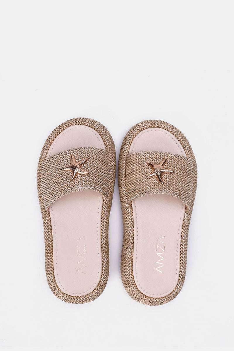 BEIGE PLATFORM WOVEN SLIDES