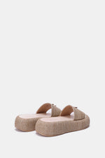 BEIGE PLATFORM WOVEN SLIDES