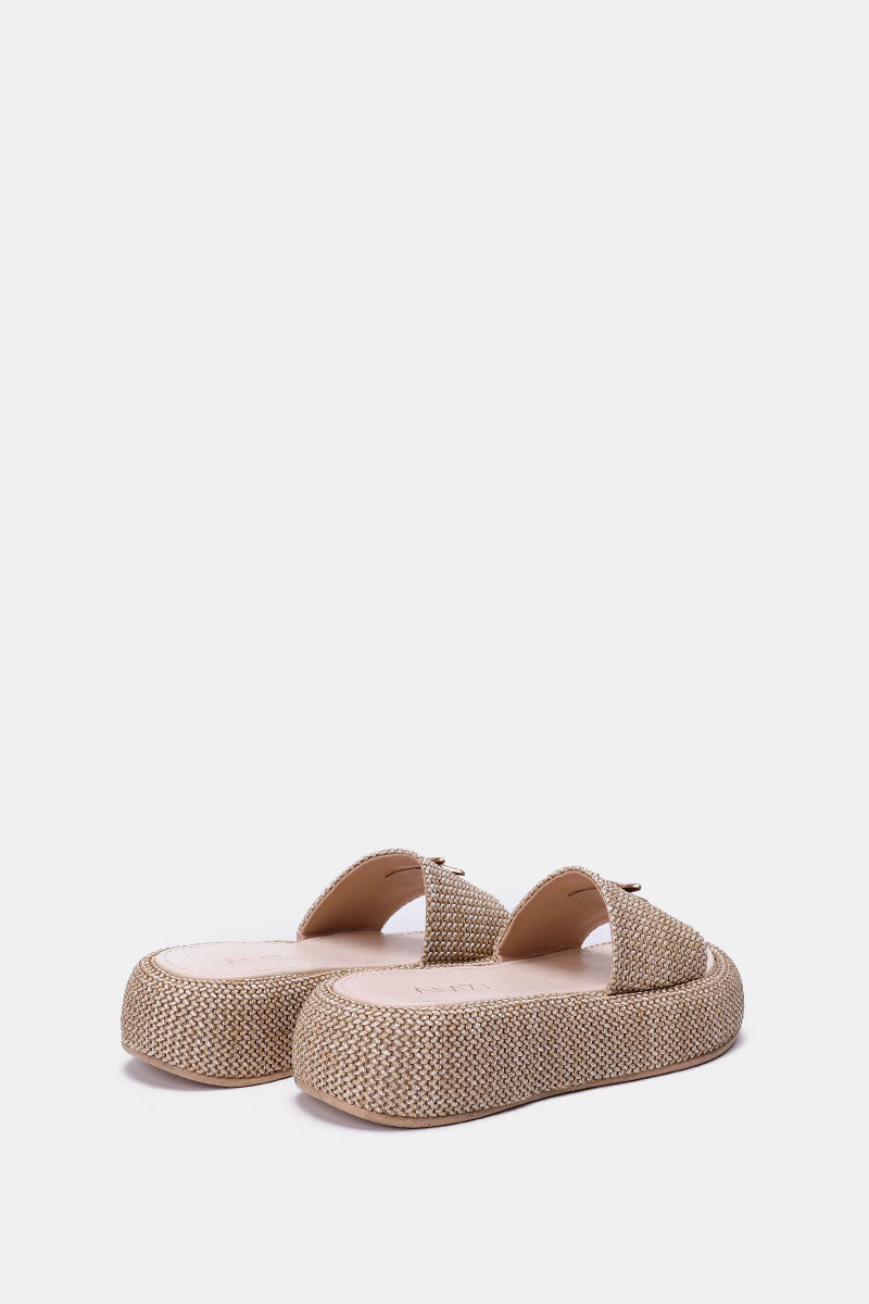 BEIGE PLATFORM WOVEN SLIDES
