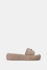 BEIGE PLATFORM WOVEN SLIDES