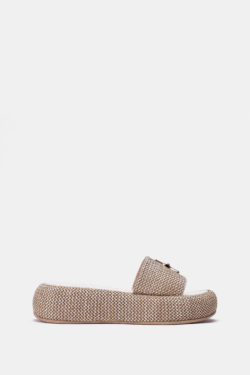 BEIGE PLATFORM WOVEN SLIDES