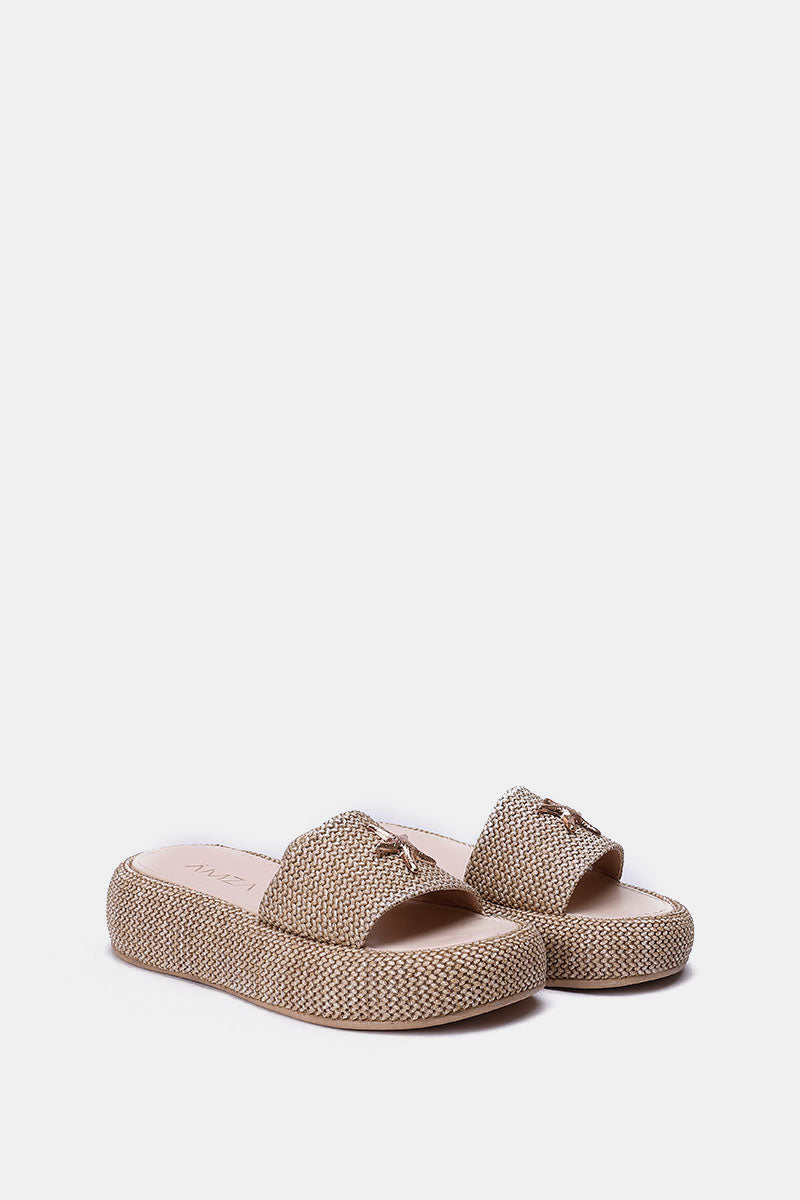 BEIGE PLATFORM WOVEN SLIDES