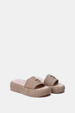 BEIGE PLATFORM WOVEN SLIDES
