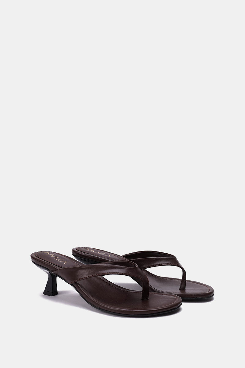 BROWN LEATHER KITTEN HEEL SANDALS