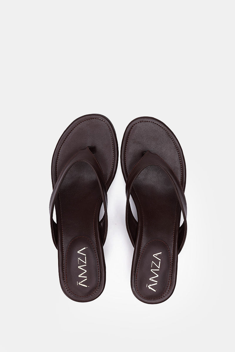 BROWN LEATHER KITTEN HEEL SANDALS