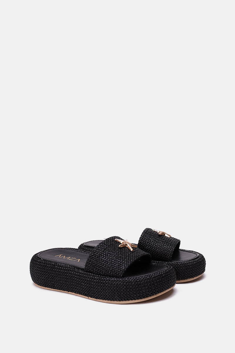 BLACK PLATFORM WOVEN SLIDES