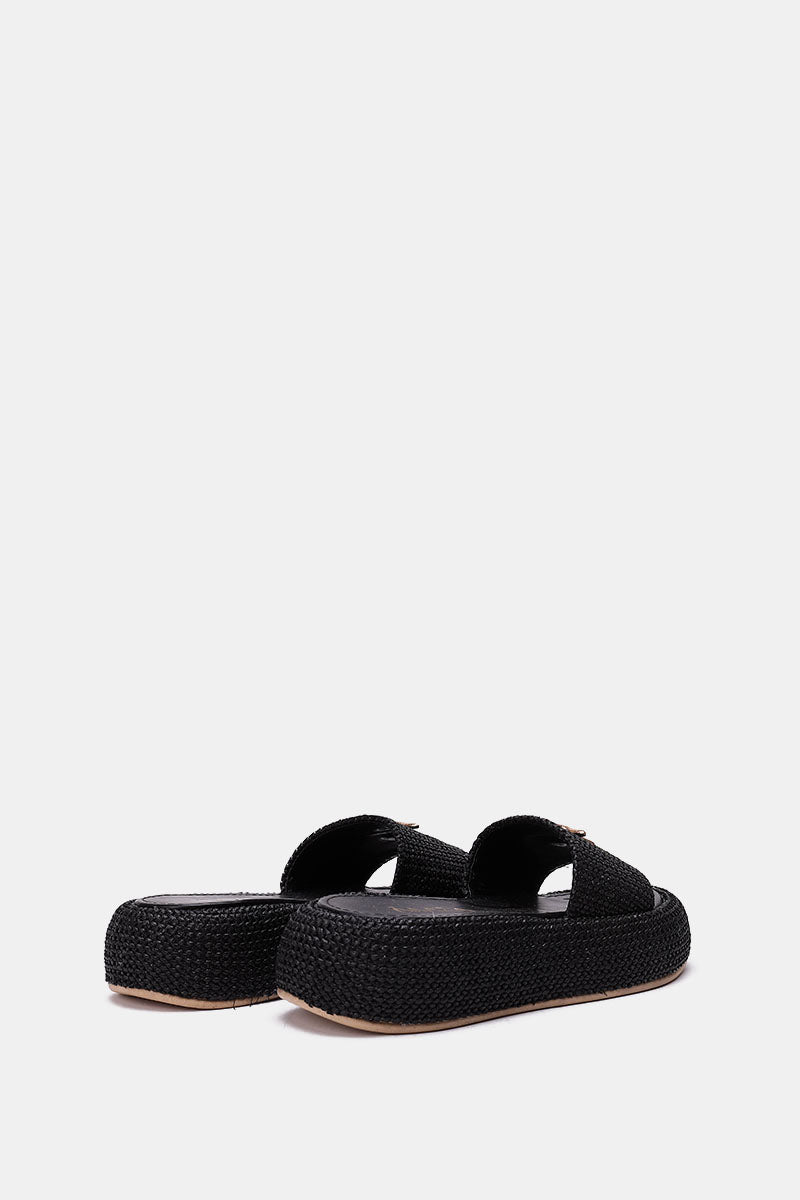 BLACK PLATFORM WOVEN SLIDES