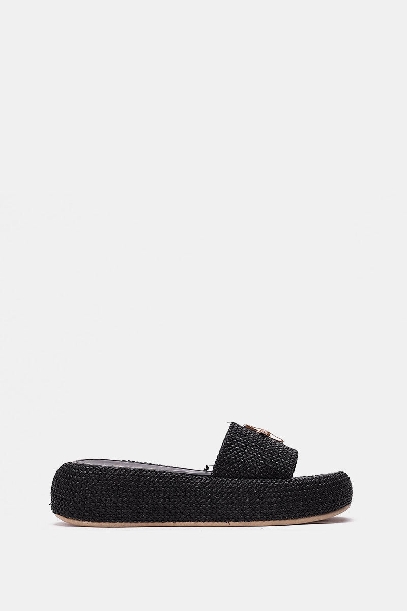 BLACK PLATFORM WOVEN SLIDES