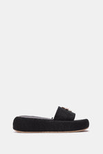 BLACK PLATFORM WOVEN SLIDES