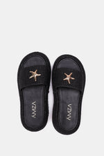 BLACK PLATFORM WOVEN SLIDES