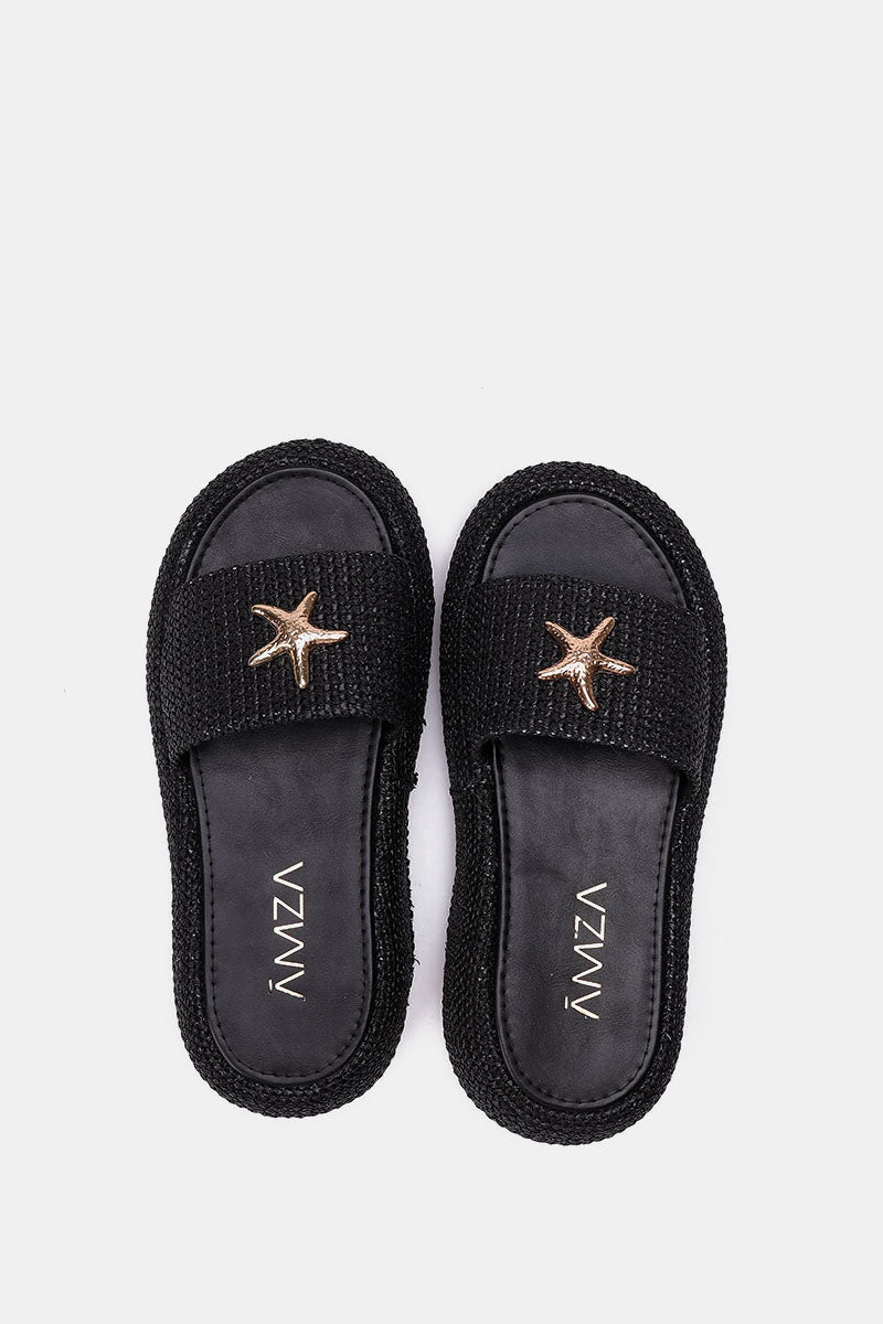 BLACK PLATFORM WOVEN SLIDES