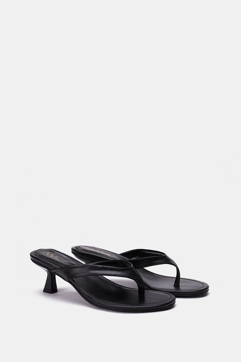 BLACK LEATHER KITTEN HEEL SANDALS