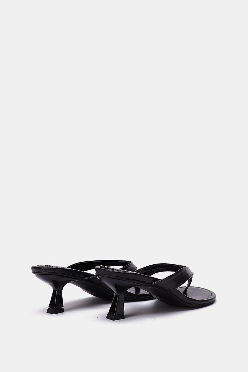 BLACK LEATHER KITTEN HEEL SANDALS