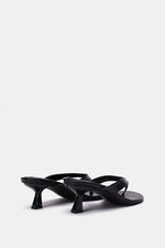 BLACK LEATHER KITTEN HEEL SANDALS
