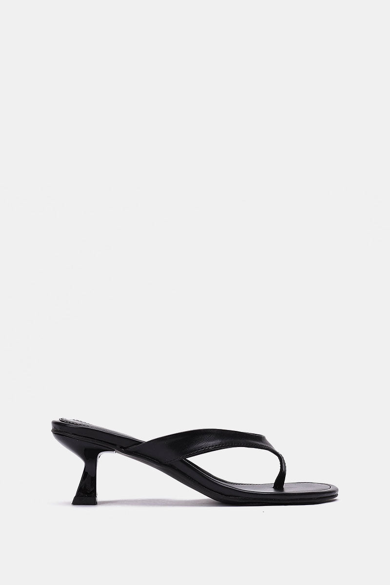 BLACK LEATHER KITTEN HEEL SANDALS
