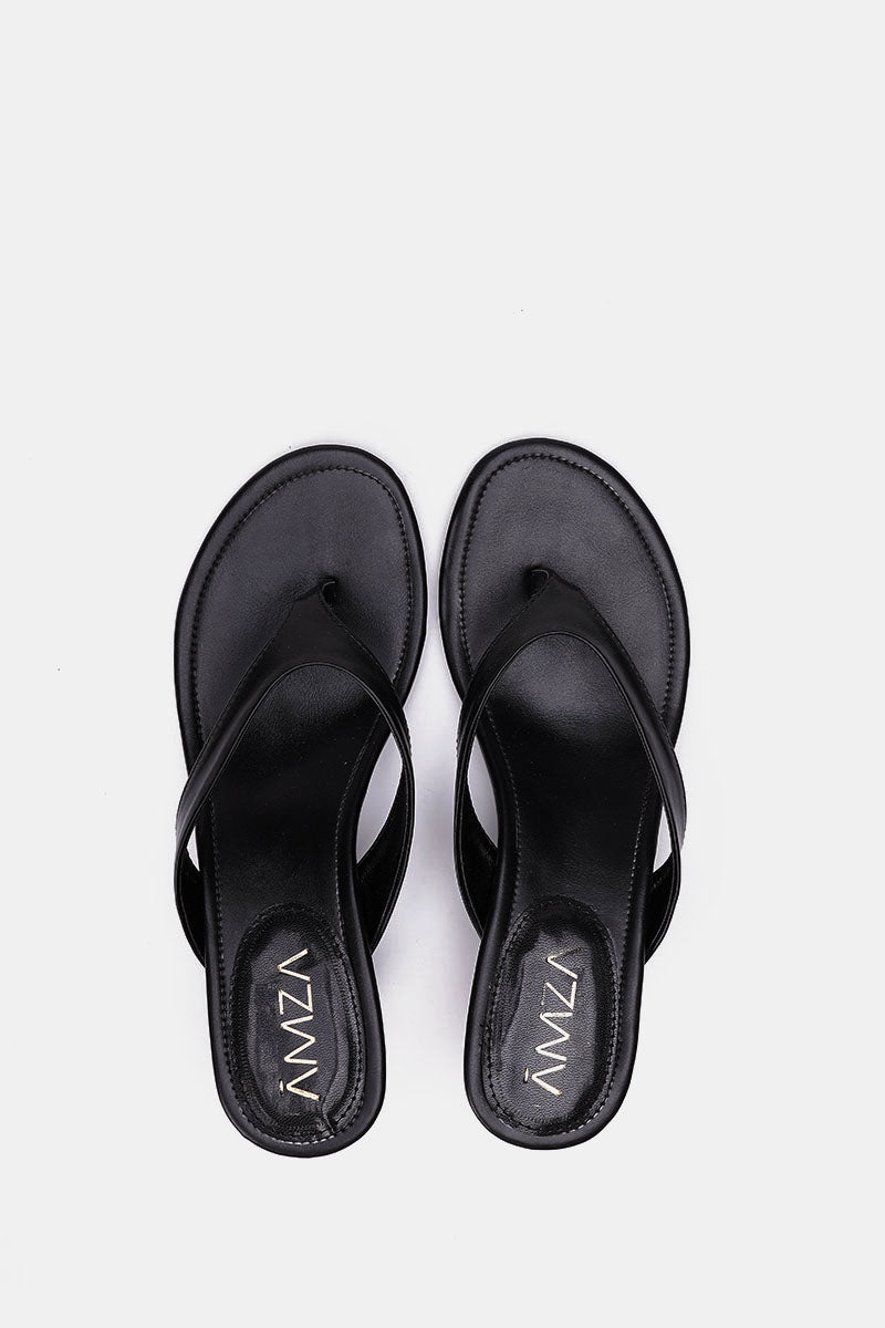 BLACK LEATHER KITTEN HEEL SANDALS