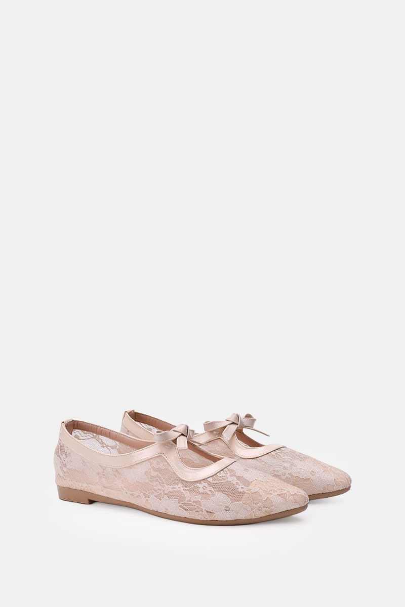 BEIGE FLORAL MESH BALLERINA - POINTED TOE