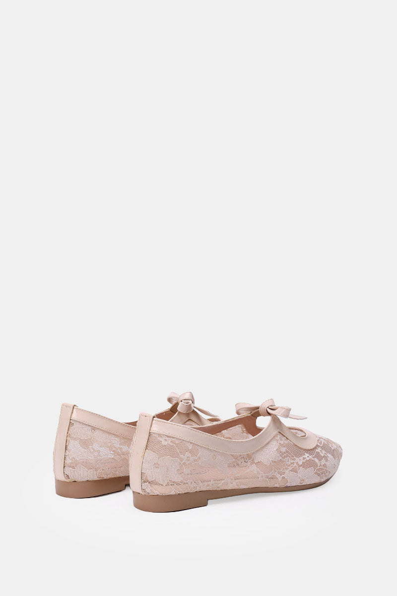 BEIGE FLORAL MESH BALLERINA - POINTED TOE