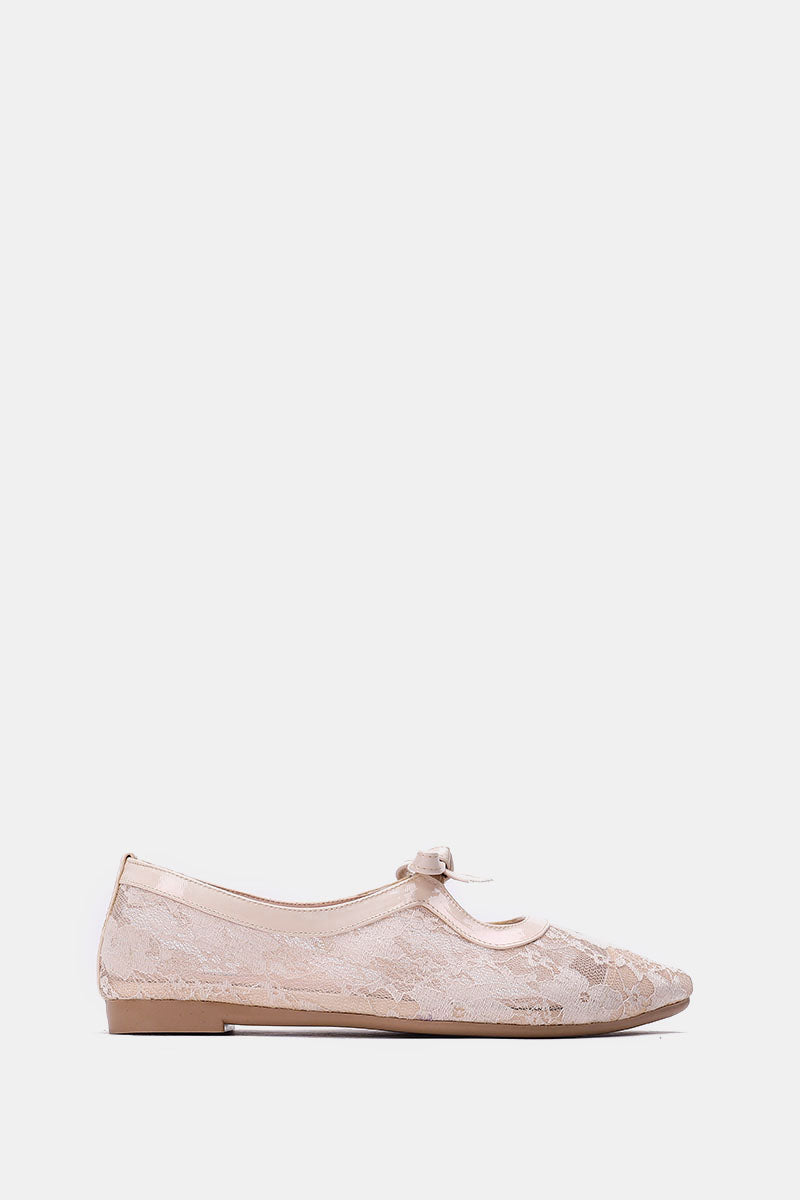 BEIGE FLORAL MESH BALLERINA - POINTED TOE
