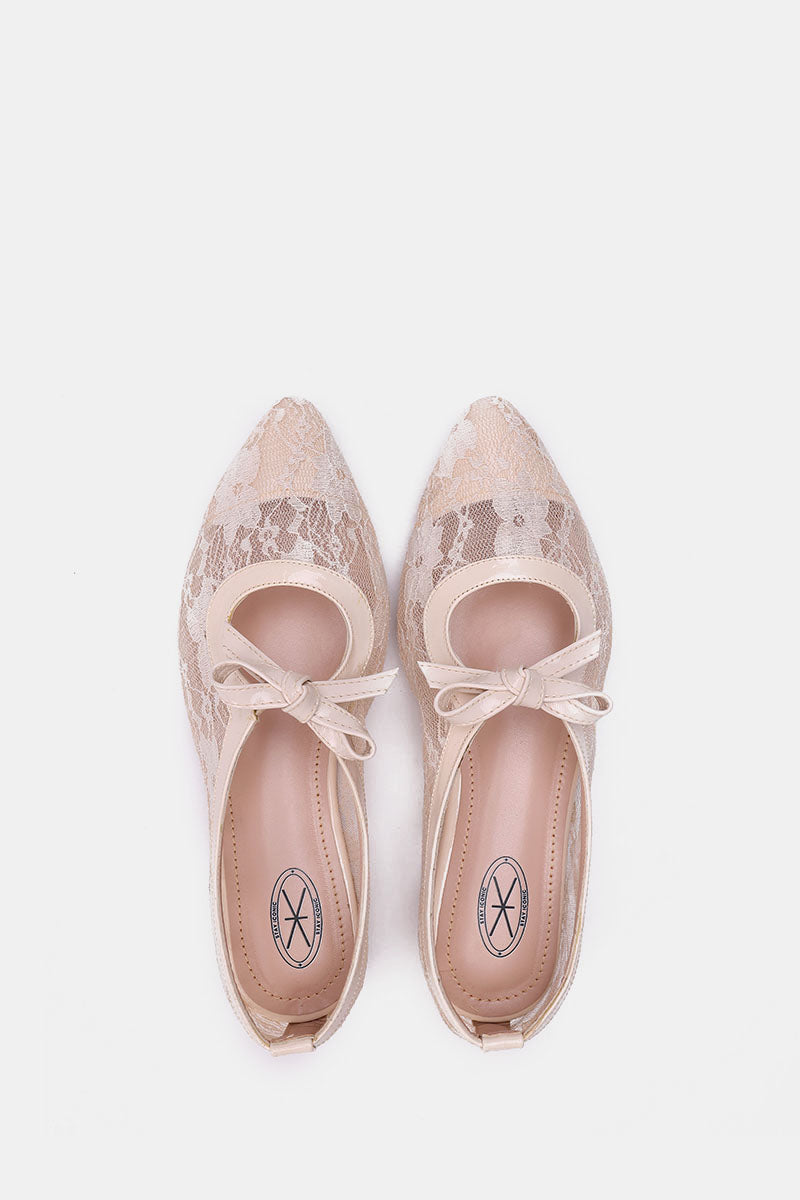 BEIGE FLORAL MESH BALLERINA - POINTED TOE