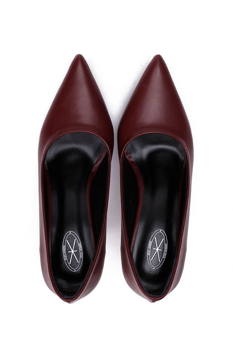BURGUNDY POINTED-TOE KITTEN HEELS