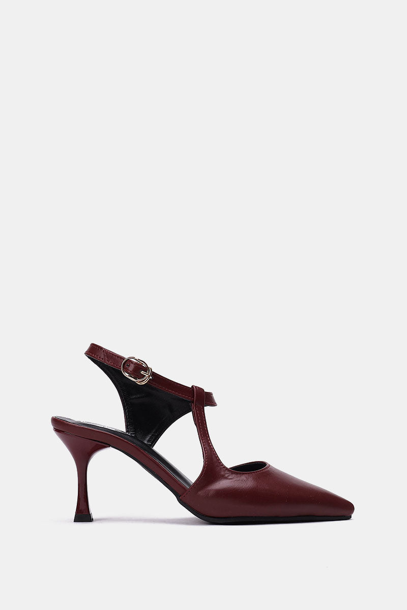 BURGUNDY T-STRAP KITTEN HEELS