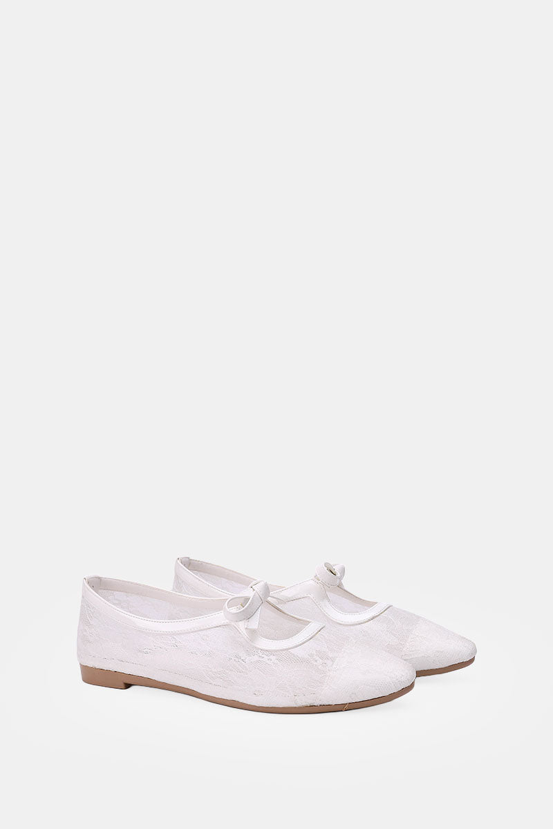 WHITE FLORAL MESH BALLERINA - POINTED TOE