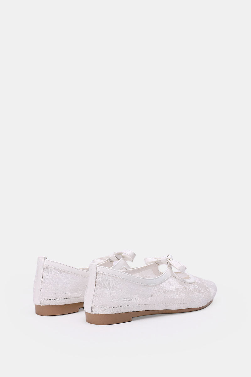 WHITE FLORAL MESH BALLERINA - POINTED TOE