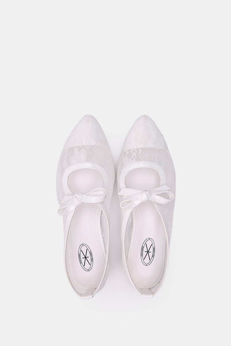 WHITE FLORAL MESH BALLERINA - POINTED TOE