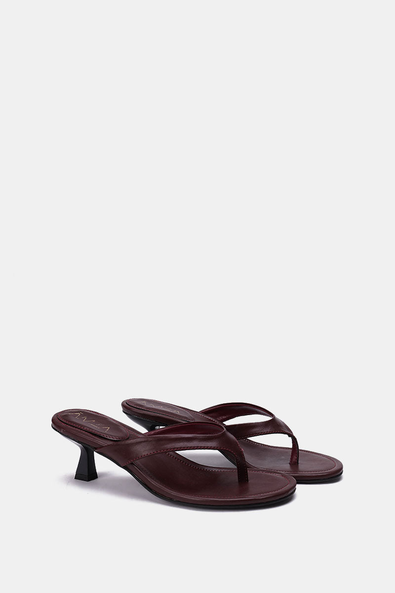 BURGUNDY LEATHER KITTEN HEEL SANDALS
