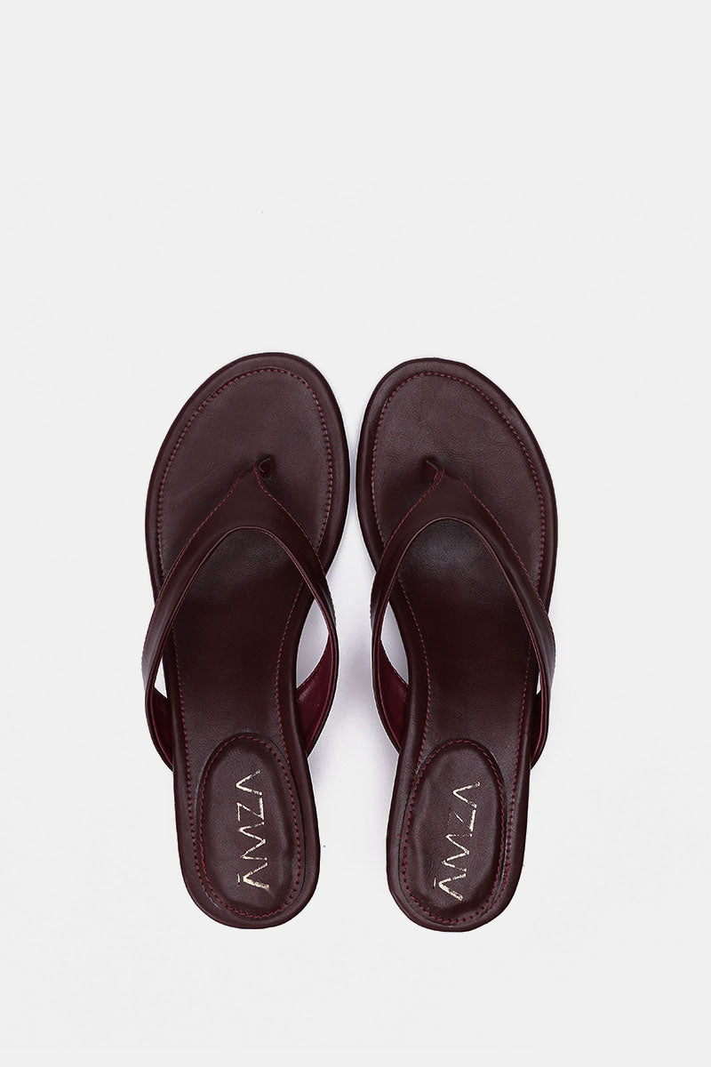 BURGUNDY LEATHER KITTEN HEEL SANDALS
