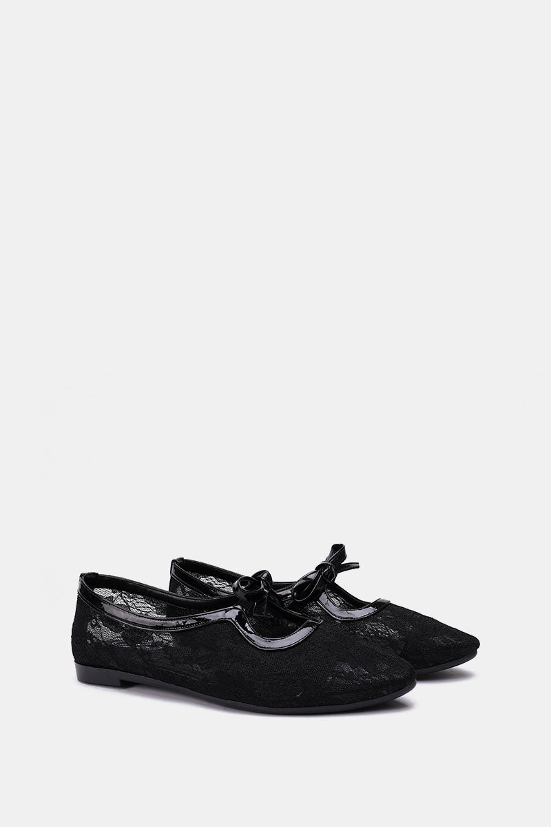 BLACK FLORAL MESH BALLERINA - POINTED TOE
