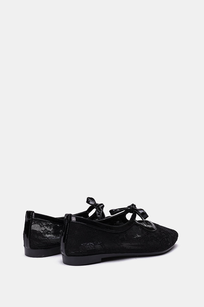 BLACK FLORAL MESH BALLERINA - POINTED TOE